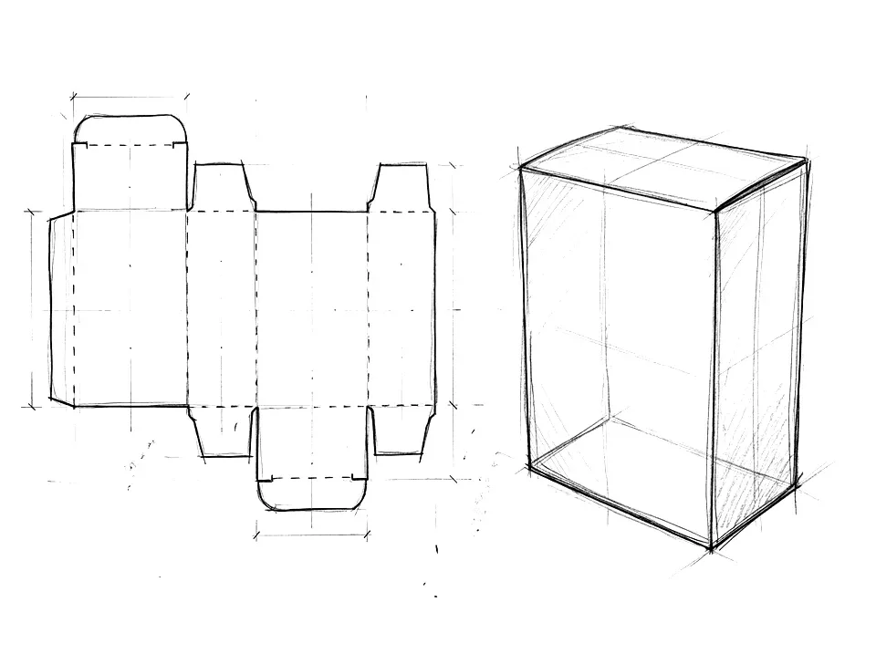 Pencil sketch of packaging: unfolded dieline and the folded box in perspective