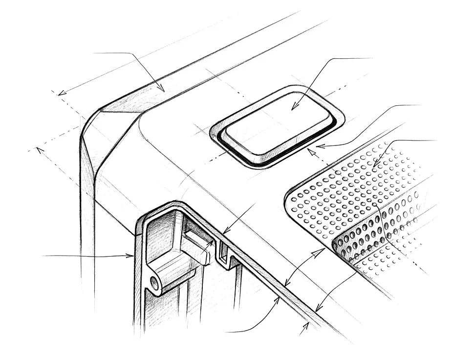 Pencil study of product details: chamfered edge, recessed button, speaker grille, cross-section