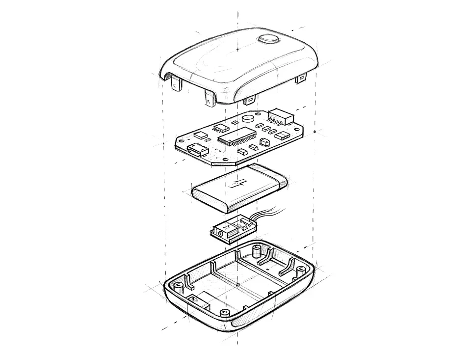 Pencil exploded-view sketch of a small smart device: shell, circuit board, battery, sensor