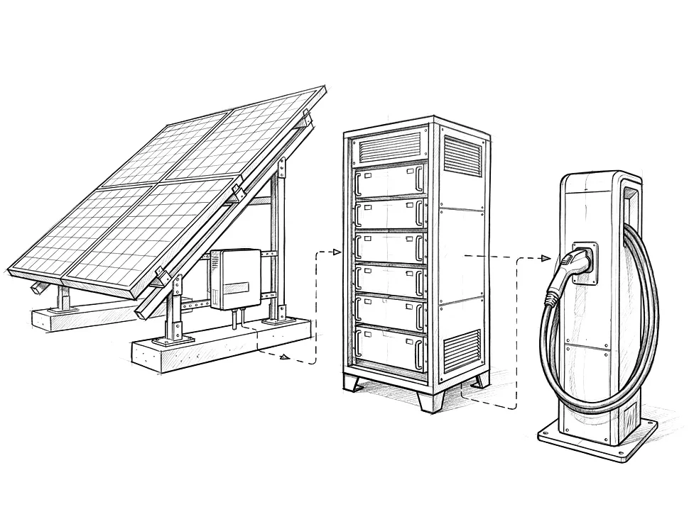 Pencil drawing of an energy system: solar panel, battery cabinet and an EV charging post connected by energy flow lines