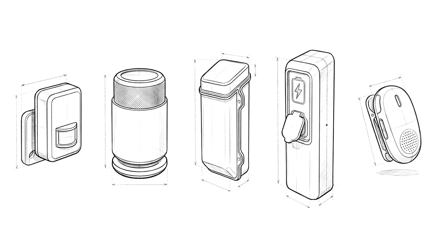 Pencil drawings of five different invented products: sensor unit, desk device, outdoor enclosure, charging post, wearable clip