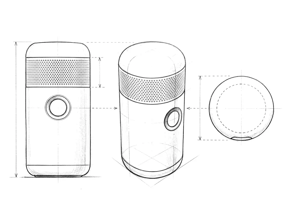Pencil design study of one device shown from three angles with dimension lines