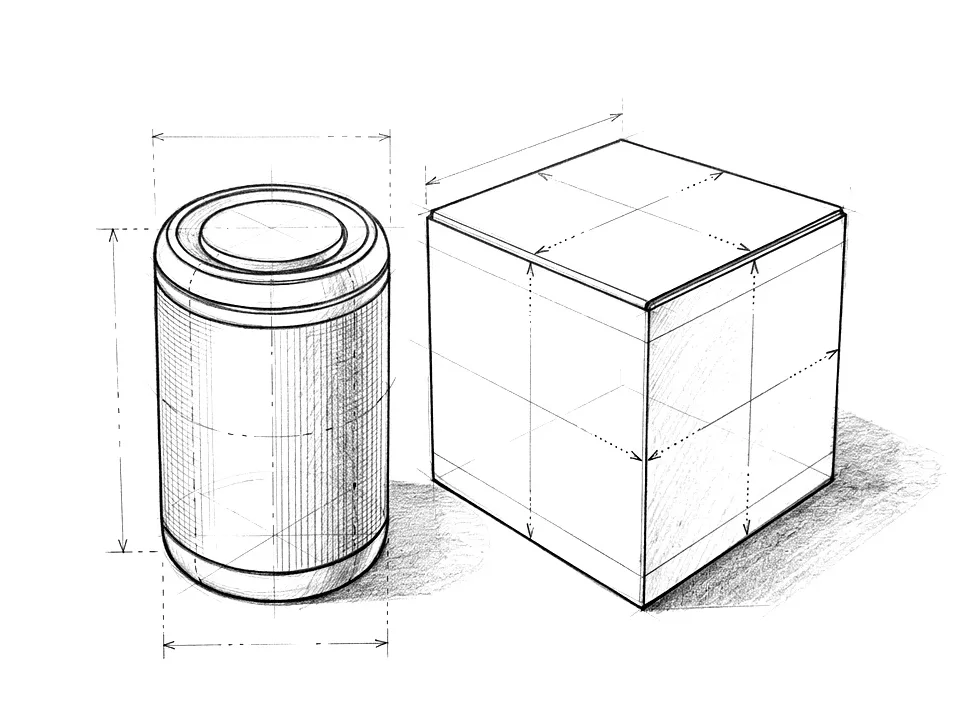 Pencil drawing of a finished device standing next to its packaging box